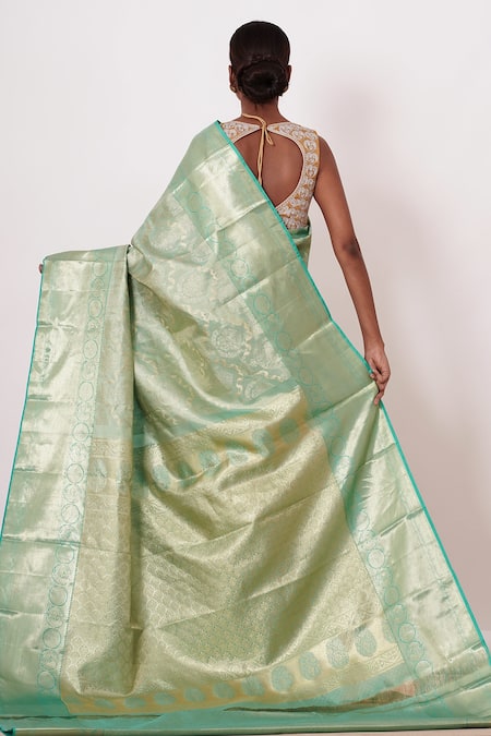 Shop Aharin India Blue Lining Cotton/shantoon, Pure Dharamavaram Silk Saree With Zari Blouse at Aza Fashions Shop_Aharin India_Blue Lining Cotton/shantoon, Pure Dharamavaram Silk Saree With Zari Blouse_at_Aza_Fashions