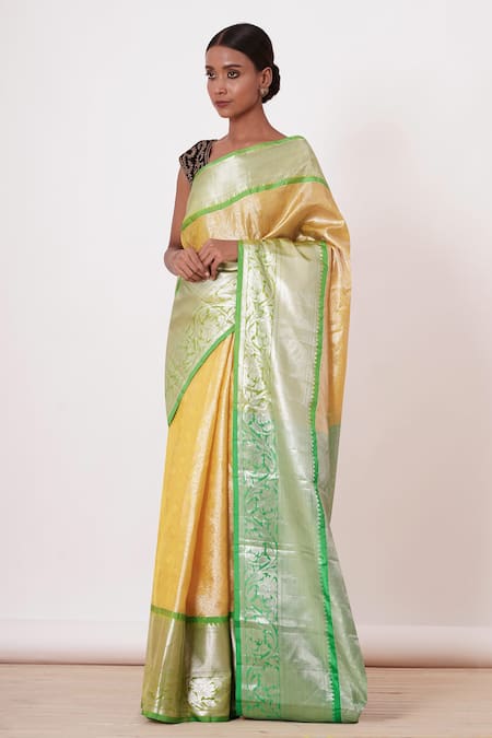 AHARIN INDIA Yellow Pure Dharamavaram Silk Woven Floral Motifs V Saree With Velvet Blouse 