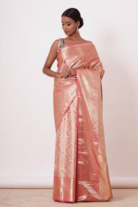 Aharin India Coral Lining Cotton/shantoon, Tissue Woven Saree With Print Blouse Online at Aza Fashions Aharin India_Coral Lining Cotton/shantoon, Tissue Woven Saree With Print Blouse _Online_at_Aza_Fashions