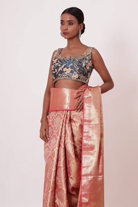 Buy Aharin India Coral Lining Cotton/shantoon, Tissue Woven Saree With Print Blouse Online at Aza Fashions Buy_Aharin India_Coral Lining Cotton/shantoon, Tissue Woven Saree With Print Blouse _Online_at_Aza_Fashions