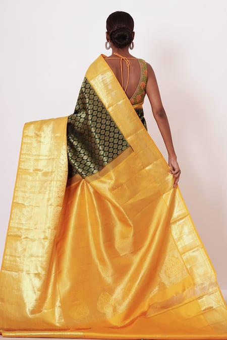Shop Aharin India Green Lining Cotton/shantoon, Pure Dharamavaram Silk Floral Saree With Blouse at Aza Fashions Shop_Aharin India_Green Lining Cotton/shantoon, Pure Dharamavaram Silk Floral Saree With Blouse_at_Aza_Fashions