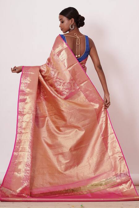 Shop_Aharin India_Pink Lining Cotton/shantoon, Pure Dharamavaram Handwoven Zari Saree With Blouse _at_Aza_Fashions