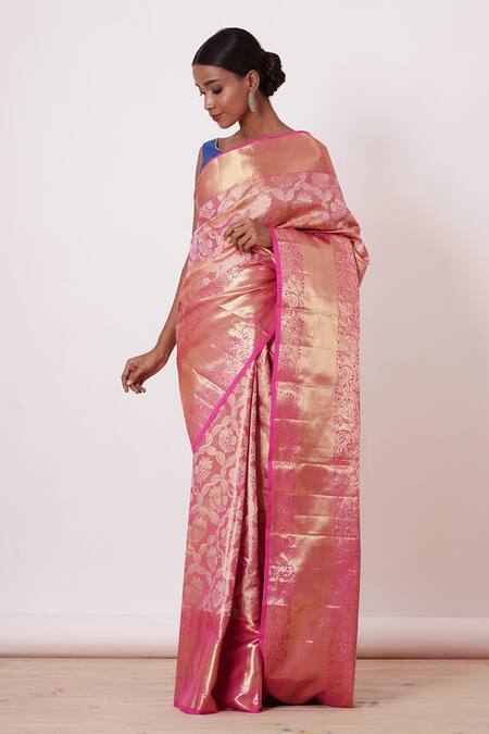 Aharin India_Pink Lining Cotton/shantoon, Pure Dharamavaram Handwoven Zari Saree With Blouse _Online_at_Aza_Fashions