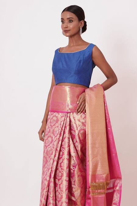 Buy_Aharin India_Pink Lining Cotton/shantoon, Pure Dharamavaram Handwoven Zari Saree With Blouse _Online_at_Aza_Fashions