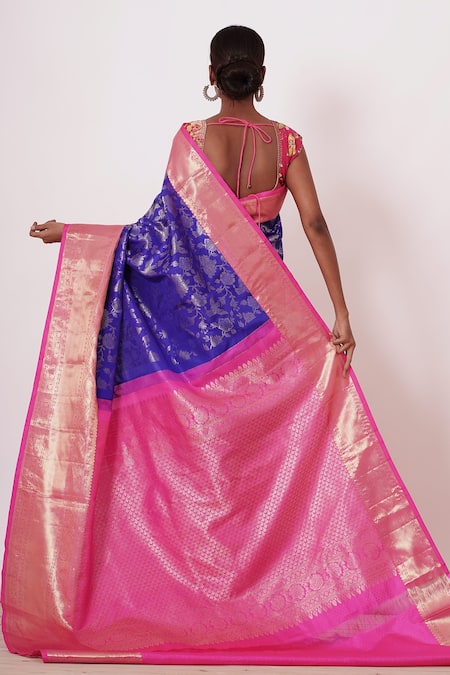 Shop Aharin India Blue Lining Cotton/shantoon, Pure Handwoven Saree With Print Blouse at Aza Fashions Shop_Aharin India_Blue Lining Cotton/shantoon, Pure Handwoven Saree With Print Blouse _at_Aza_Fashions