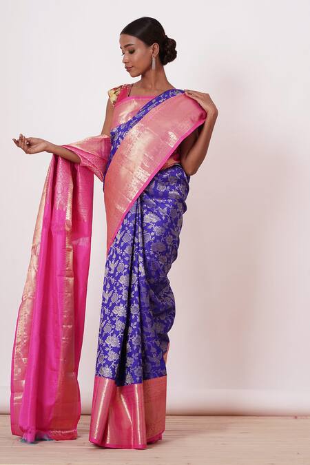 Aharin India Blue Lining Cotton/shantoon, Pure Handwoven Saree With Print Blouse Online at Aza Fashions Aharin India_Blue Lining Cotton/shantoon, Pure Handwoven Saree With Print Blouse _Online_at_Aza_Fashions