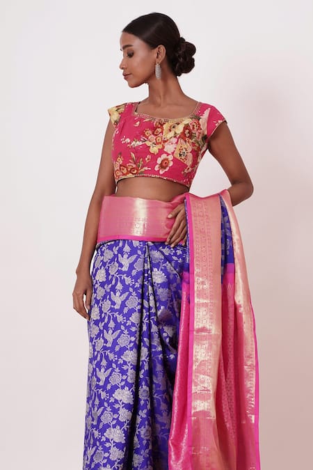Buy Aharin India Blue Lining Cotton/shantoon, Pure Handwoven Saree With Print Blouse Online at Aza Fashions Buy_Aharin India_Blue Lining Cotton/shantoon, Pure Handwoven Saree With Print Blouse _Online_at_Aza_Fashions