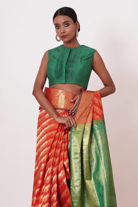 Buy_Aharin India_Red Lining Cotton/shantoon, Pure Dharamavaram Chevron Woven Saree With Blouse _Online_at_Aza_Fashions