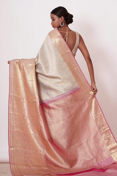 Shop_Aharin India_Ivory Lining Cotton/shantoon, Pure Dharamavaram Silk Woven Saree With Blouse _at_Aza_Fashions