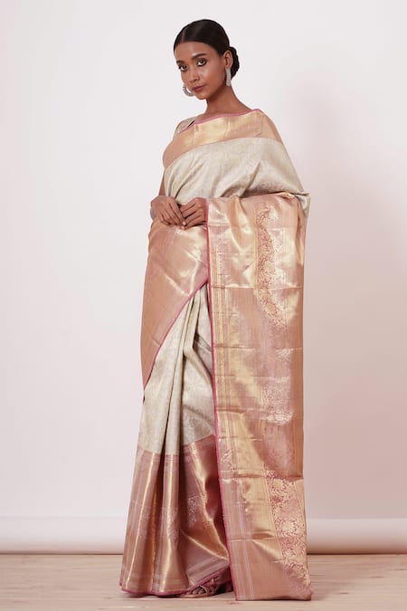 Aharin India_Ivory Lining Cotton/shantoon, Pure Dharamavaram Silk Woven Saree With Blouse _Online_at_Aza_Fashions