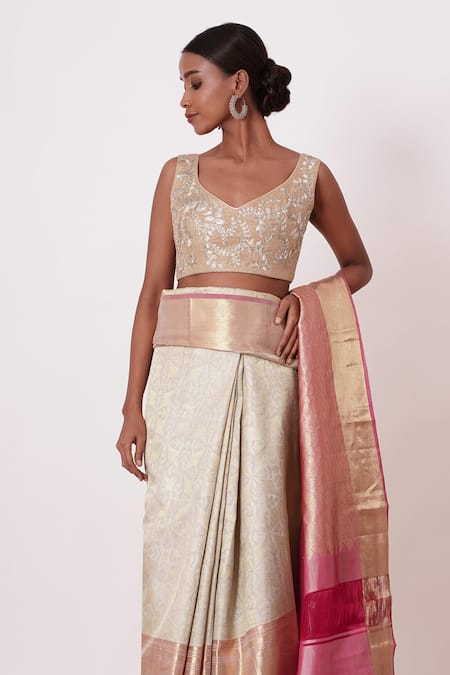 Buy_Aharin India_Ivory Lining Cotton/shantoon, Pure Dharamavaram Silk Woven Saree With Blouse _Online_at_Aza_Fashions
