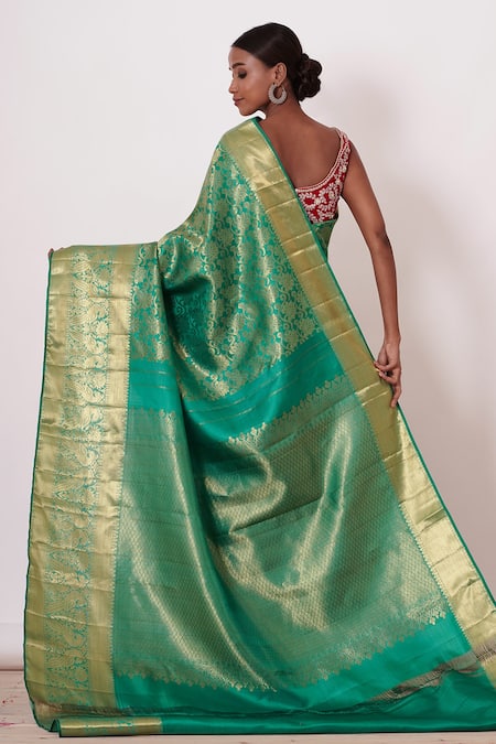 Shop_Aharin India_Green Velvet, Lining Cotton/shantoon, Pure Woven Saree With Blouse _at_Aza_Fashions