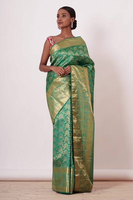 Aharin India_Green Velvet, Lining Cotton/shantoon, Pure Woven Saree With Blouse _Online_at_Aza_Fashions