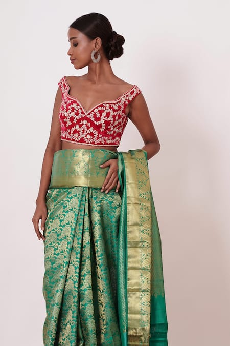 Buy_Aharin India_Green Velvet, Lining Cotton/shantoon, Pure Woven Saree With Blouse _Online_at_Aza_Fashions