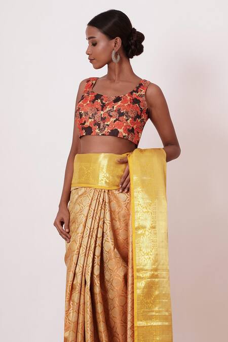 Buy_Aharin India_Yellow Lining Cotton/shantoon, Tissue Handwoven Saree With Print Blouse _Online_at_Aza_Fashions