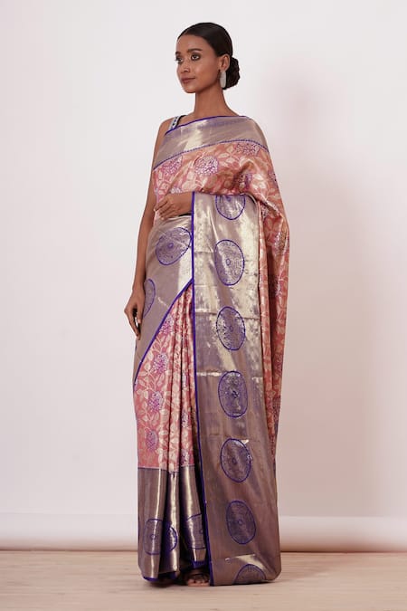 Aharin India Peach Lining Cotton/shantoon, Pure Dharamavaram Silk Saree With Zari Blouse Online at Aza Fashions Aharin India_Peach Lining Cotton/shantoon, Pure Dharamavaram Silk Saree With Zari Blouse _Online_at_Aza_Fashions