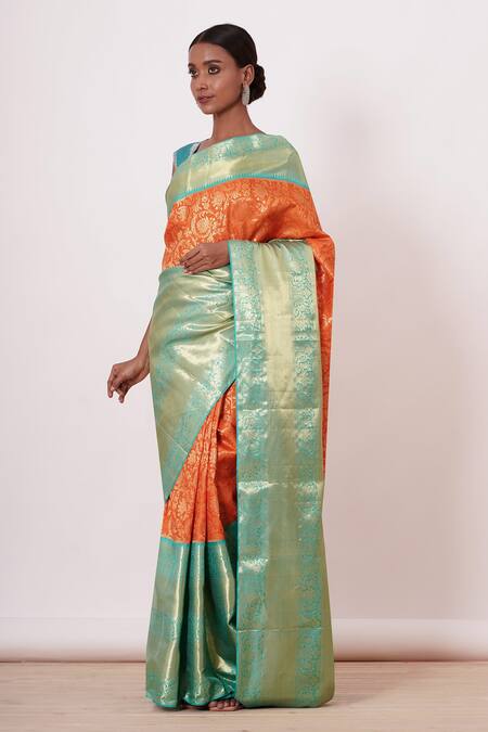 Aharin India Orange Banarasi, Lining Cotton/shantoon Floral Motifs Silk Saree With Blouse Online at Aza Fashions Aharin India_Orange Banarasi, Lining Cotton/shantoon Floral Motifs Silk Saree With Blouse _Online_at_Aza_Fashions