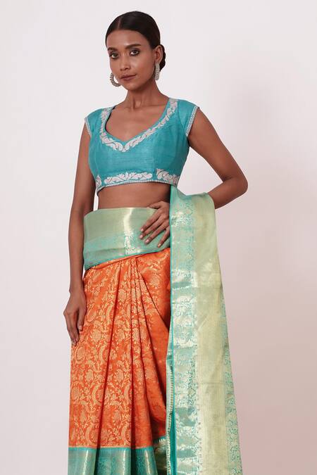 Buy Aharin India Orange Banarasi, Lining Cotton/shantoon Floral Motifs Silk Saree With Blouse Online at Aza Fashions Buy_Aharin India_Orange Banarasi, Lining Cotton/shantoon Floral Motifs Silk Saree With Blouse _Online_at_Aza_Fashions