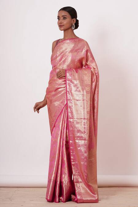 Aharin India Pink Lining Cotton/shantoon, Pure Dharamavaram Silk Saree With Quilted Blouse Online at Aza Fashions Aharin India_Pink Lining Cotton/shantoon, Pure Dharamavaram Silk Saree With Quilted Blouse _Online_at_Aza_Fashions