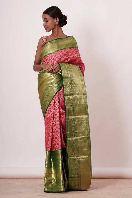 Aharin India Pink Lining Cotton/shantoon, Pure Dharamavaram Silk Saree With Printed Blouse Online at Aza Fashions Aharin India_Pink Lining Cotton/shantoon, Pure Dharamavaram Silk Saree With Printed Blouse _Online_at_Aza_Fashions