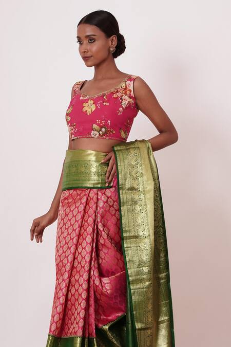 Buy Aharin India Pink Lining Cotton/shantoon, Pure Dharamavaram Silk Saree With Printed Blouse Online at Aza Fashions Buy_Aharin India_Pink Lining Cotton/shantoon, Pure Dharamavaram Silk Saree With Printed Blouse _Online_at_Aza_Fashions