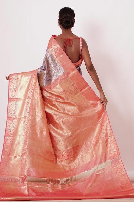 Aharin India Floral Woven Saree With Embroidered Blouse 