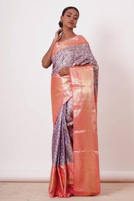 Aharin India Purple Lining Cotton/shantoon, Pure Woven Saree With Embroidered Blouse Online at Aza Fashions Aharin India_Purple Lining Cotton/shantoon, Pure Woven Saree With Embroidered Blouse _Online_at_Aza_Fashions