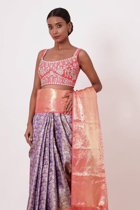 Buy Aharin India Purple Lining Cotton/shantoon, Pure Woven Saree With Embroidered Blouse Online at Aza Fashions Buy_Aharin India_Purple Lining Cotton/shantoon, Pure Woven Saree With Embroidered Blouse _Online_at_Aza_Fashions