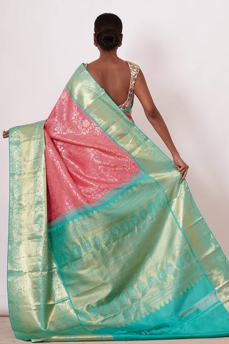 Shop_Aharin India_Pink Lining Cotton/shantoon, Pure Dharamavaram Silk Floral Saree With Blouse _at_Aza_Fashions