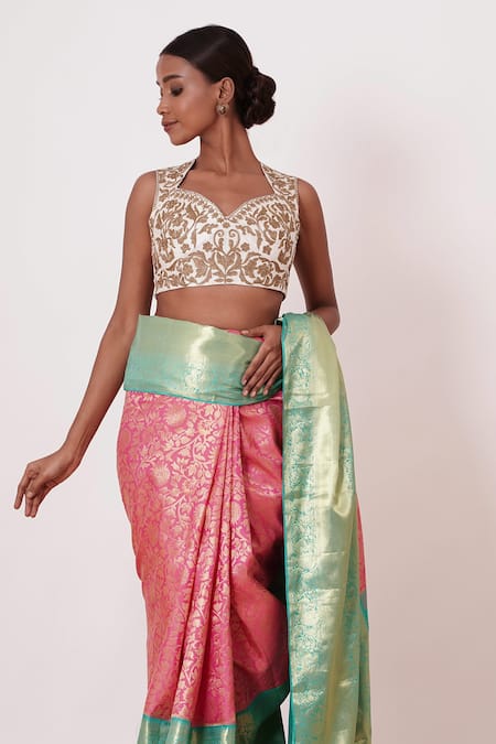 Buy_Aharin India_Pink Lining Cotton/shantoon, Pure Dharamavaram Silk Floral Saree With Blouse _Online_at_Aza_Fashions