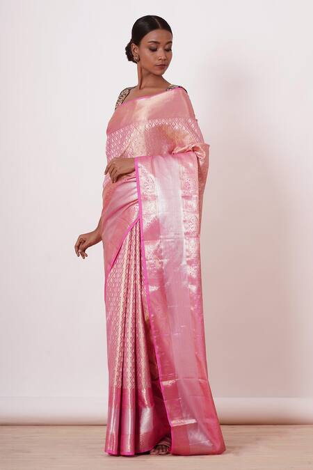 Aharin India Pink Lining Cotton/shantoon, Pure Handwoven Saree With Embroidered Blouse Online at Aza Fashions Aharin India_Pink Lining Cotton/shantoon, Pure Handwoven Saree With Embroidered Blouse _Online_at_Aza_Fashions