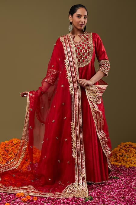 Preeti S Kapoor Maroon Anarkali Dupion, Dupatta Organza, Pant Lycra Gota Embroidered Set 