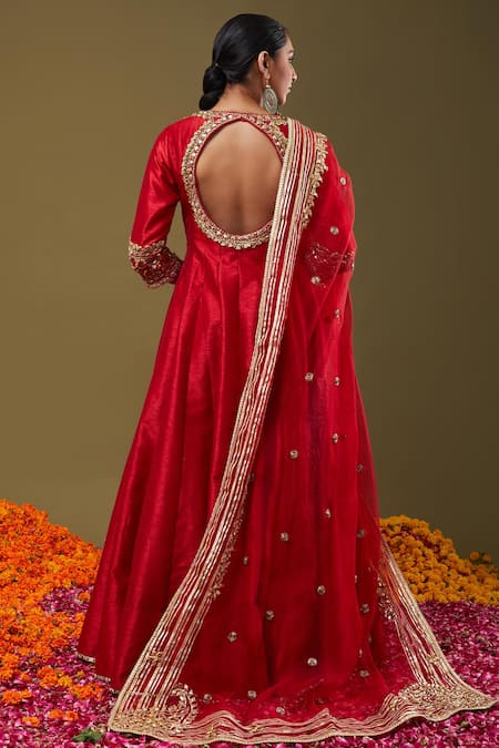 Shop Preeti S Kapoor Maroon Anarkali Dupion, Dupatta Organza, Pant Lycra Gota Embroidered Set at Aza Fashions Shop_Preeti S Kapoor_Maroon Anarkali Dupion, Dupatta Organza, Pant Lycra Gota Embroidered Set _at_Aza_Fashions