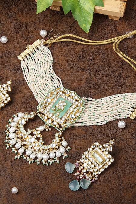 Buy_Auraa Trends_Blue Stones, Diamonds Kundan Embellished Necklace Set _Online_at_Aza_Fashions