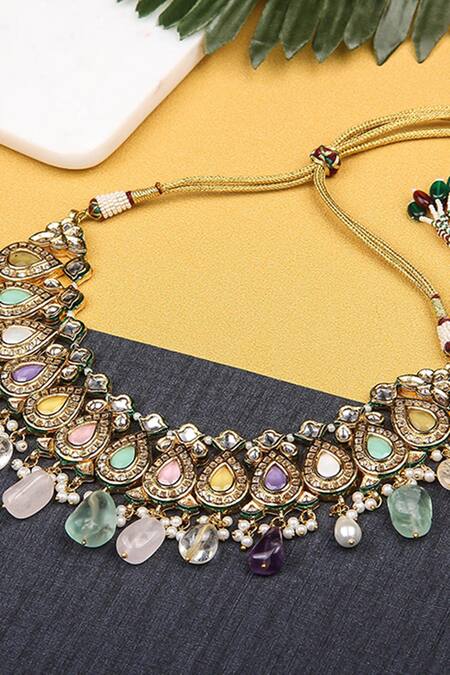 Auraa Trends Gold Plated Stones Drop Choker Set Online at Aza Fashions Auraa Trends_Gold Plated Stones Drop Choker Set _Online_at_Aza_Fashions