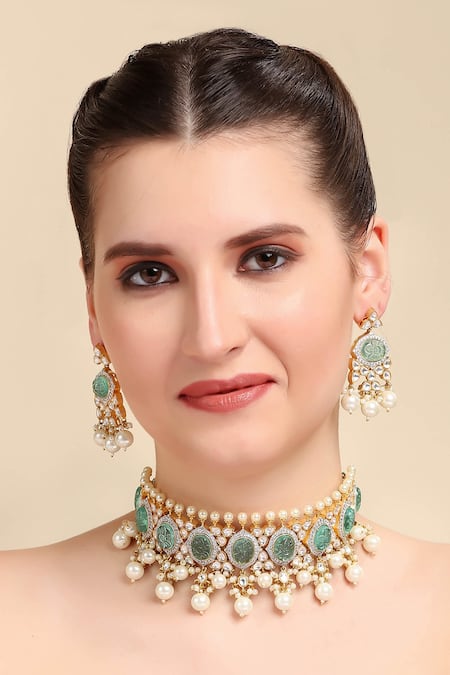 Shop Auraa Trends Blue Stones Floral Carved Choker Set at Aza Fashions Shop_Auraa Trends_Blue Stones Floral Carved Choker Set _at_Aza_Fashions