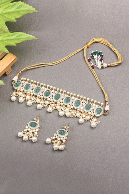 Auraa Trends Blue Stones Floral Carved Choker Set Online at Aza Fashions Auraa Trends_Blue Stones Floral Carved Choker Set _Online_at_Aza_Fashions