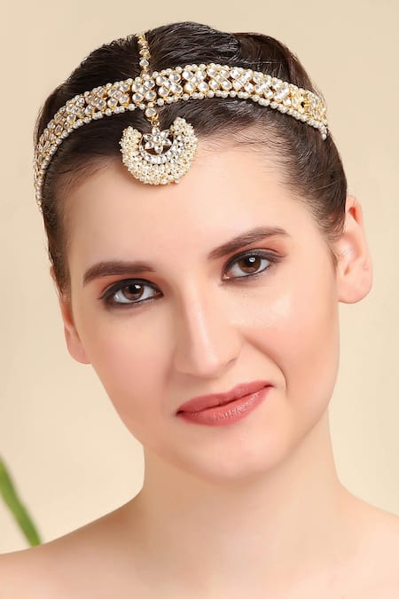 Shop_Auraa Trends_Gold Plated Kundan Studded Mathapatti _at_Aza_Fashions