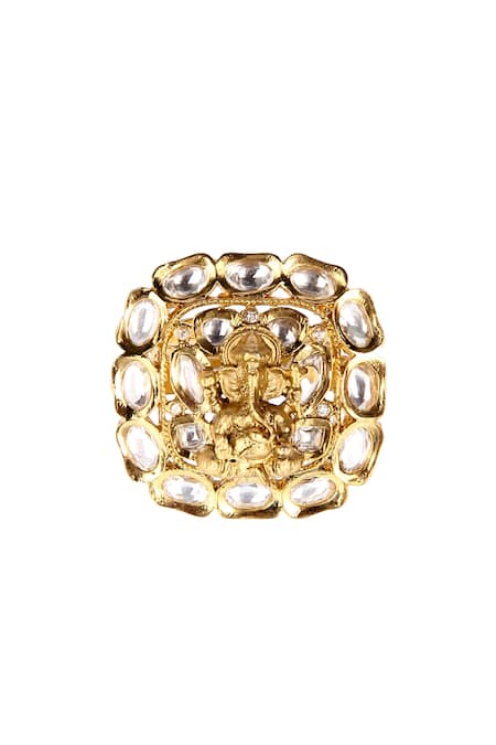 Shop Auraa Trends Gold Plated Imitation Diamonds Kundan Embellished Ring at Aza Fashions Shop_Auraa Trends_Gold Plated Imitation Diamonds Kundan Embellished Ring _at_Aza_Fashions