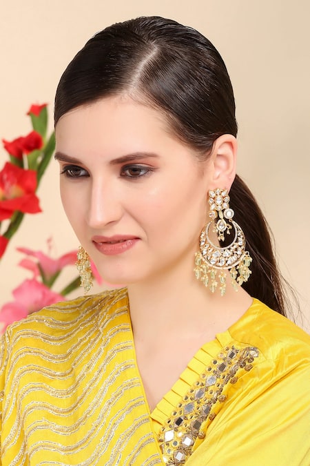 Shop Auraa Trends Gold Plated Stones, Diamonds Kundan Embellished Chandbalis at Aza Fashions Shop_Auraa Trends_Gold Plated Stones, Diamonds Kundan Embellished Chandbalis _at_Aza_Fashions