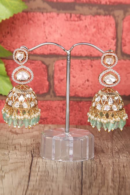 Buy_Auraa Trends_Gold Plated Stones, Beads, Diamonds Kundan Embellished Jhumkis _Online_at_Aza_Fashions