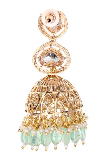 Shop_Auraa Trends_Gold Plated Stones, Beads, Diamonds Kundan Embellished Jhumkis _Online_at_Aza_Fashions