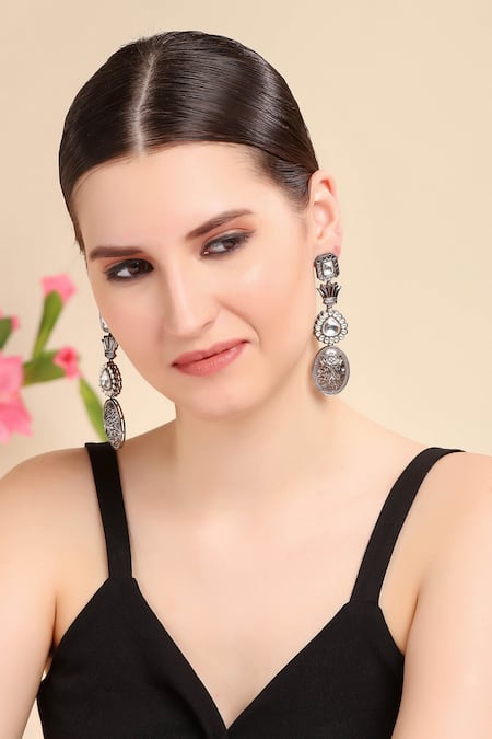 Shop Auraa Trends Silver Plated Piping Carved Dangler Earrings at Aza Fashions Shop_Auraa Trends_Silver Plated Piping Carved Dangler Earrings _at_Aza_Fashions
