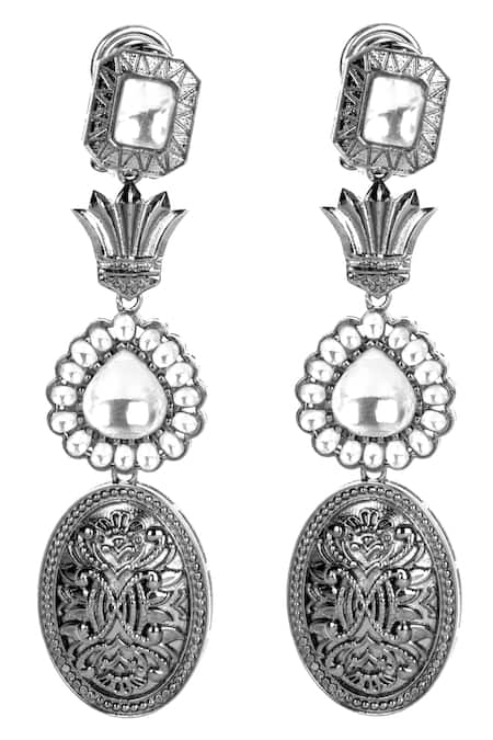 Auraa Trends Silver Plated Kundan Carved Dangler Earrings
