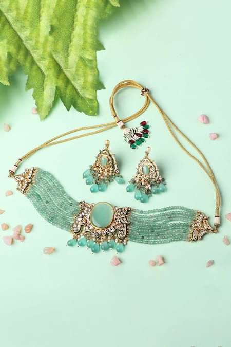 Auraa Trends_Blue Stones, Beads Kundan Embellished Choker Set _Online_at_Aza_Fashions