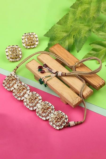 Auraa Trends_Gold Plated Diamonds, Stones Temple Choker Set _Online_at_Aza_Fashions