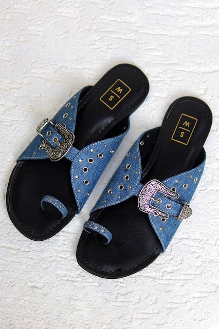 Shop Sandalwali Blue Nadia Denim Cutwork Flats at Aza Fashions Shop_Sandalwali_Blue Nadia Denim Cutwork Flats _at_Aza_Fashions