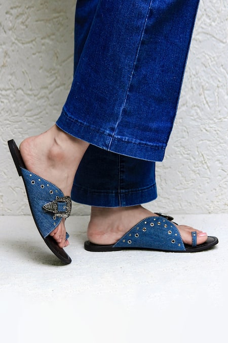 Sandalwali Blue Nadia Denim Cutwork Flats Online at Aza Fashions Sandalwali_Blue Nadia Denim Cutwork Flats _Online_at_Aza_Fashions