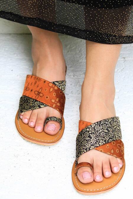 Shop_Sandalwali_Brown Brocade Kumi Strappy Flats _at_Aza_Fashions