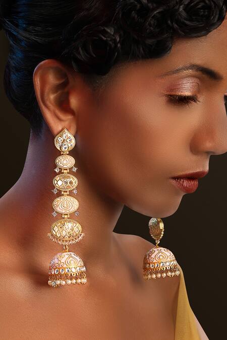 Tizora Gold Plated Metallic Thread, Pearls, Stones Meenakari Work Long Earrings Online at Aza Fashions Tizora_Gold Plated Metallic Thread, Pearls, Stones Meenakari Work Long Earrings _Online_at_Aza_Fashions